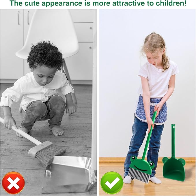 Children's Small Broom Dustpan Set Green Frog Mini Household Cleaning and Pretend Play Set