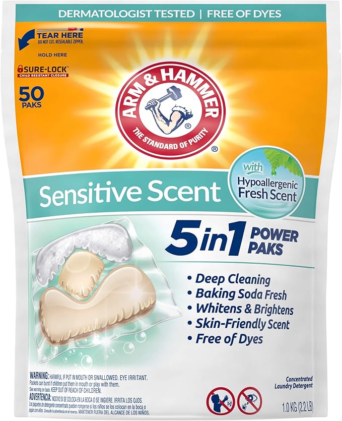 Arm & Hammer Sensitive Scent 5-in-1 Laundry Detergent Power Paks, 50 Count, Fresh