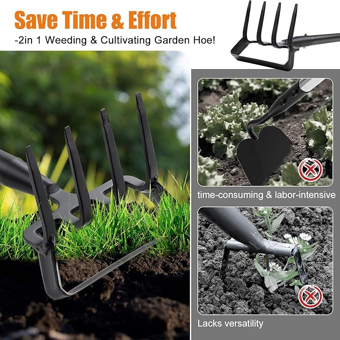 Garden Hoe Tool - Heavy Duty 2 in 1 Scuffle Hoes with Cultivator Tiller for Weeding Grass,Loosening Soil,Sharp Blade,36-60” Long Handle,Push Pull Action Hoe with Scraper Rake for Gardening