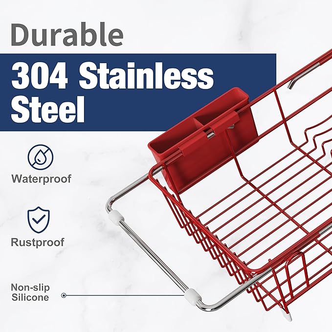JASIWAY Red in Sink Dish Drying Rack, Expandable Stainless Steel Small Dish Rack Over Kitchen Sink, Plate Drainer Strainer with Cutlery Holder & Cup Holders, Counter Space Saving Wire Dryer Rack