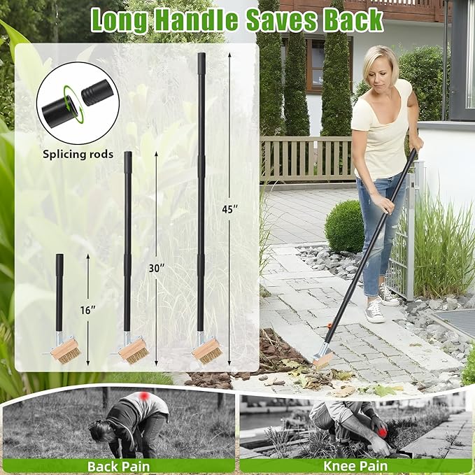 DEROFIT Crack Weeder Moss Remover Brush with 45 inch Handle,Manual Crevice Weeding Tool Stand Weed Puller Grout Brush for Deck,Patio,Sidewalk, Walkway,Driveway, Paving,Crevice Cleaning Tool