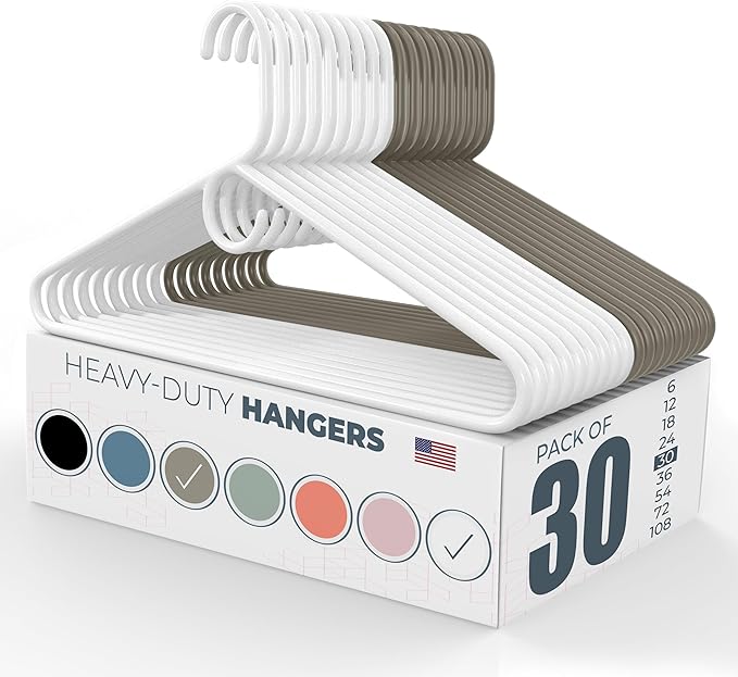 Neaties Heavy Duty Clothes Hangers 30 Pack – Made in the USA – 8lb Capacity Plastic Hangers for Adult Clothing – Durable for Pants, Coats, Jackets, or Jeans – White & Gray