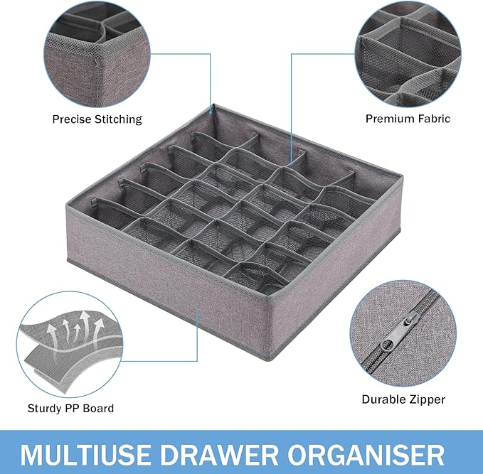 Foldable Storage Cubes Drawer Underwear Organizer Dividers， under Cabinet Organizer 24-Cell Fabric Storage Boxes for Lingerie,Socks,Ties （Grey）