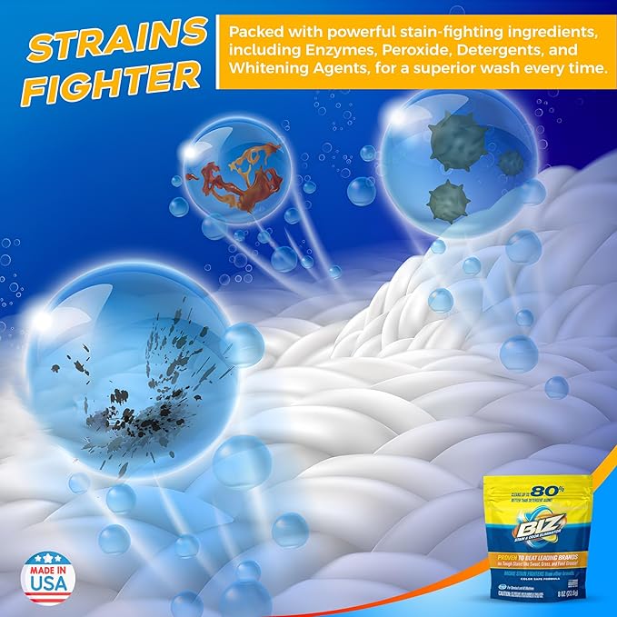 Biz Laundry Detergent Powder, Stain and Odor Eliminator for Tough Stains Like Grass Sweat and Food Grease, Powder Laundry Detergent, Color Safe, HE Safe, Unscented, Pack of 2, 16 oz Total