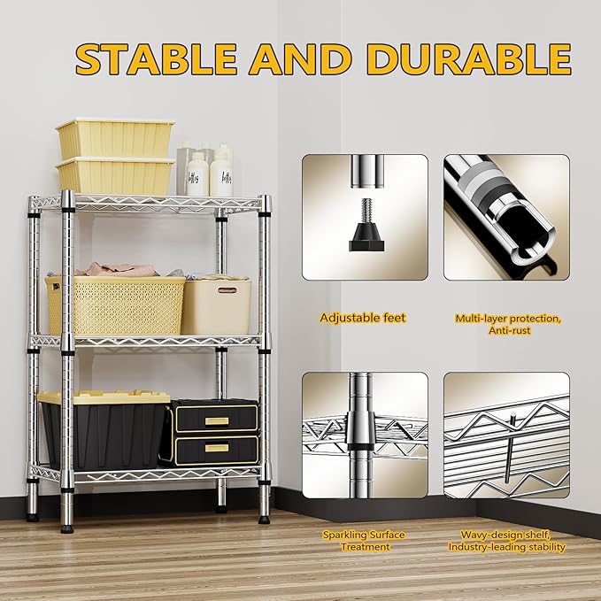 M MZG 750 lbs 3 Tier Shelf Metal Storage Shelves Shelving Wire Rack Heavy Duty Closet Organizers for Garage Kitchen Bathroom Laundry Chrome 13.8" D x 23.6" W x 35.5" H