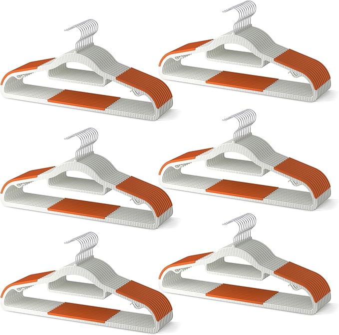 60 Pack Heavy Duty Plastic Hangers, Non Slip Clothes Hangers with Rubber Pads and 360° Hook - Thin Space Saving Hanger, Closet Organizer for Shirt, Pants, Suit, Skirt, Coat - Orange