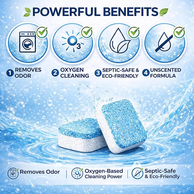 Washing Machine Cleaning Tablets Washer Cleaner & Descaler, 24 Count (12-Month Supply) for Front Load, Top Load & HE Washers | Appliance Maintenance & Residue Removal