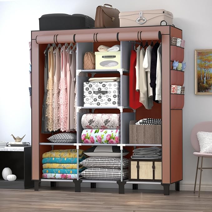 Portable Wardrobe with 10 Storage Racks and 2 Hanging Poles 6 Side Pockets Fleece Cover, Size 130 x 45 x 172 cm, Bedroom Closet Organizer (Coffee)
