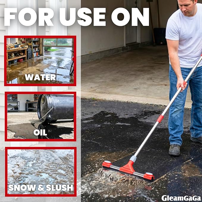 Heavy Duty Floor Squeegee for Concrete Floor – 17.3'' EVA Foam Blade with Built-in Towel Clip, 62'' Extendable Handle, Uneven Surface Floor Squeegee Broom for Garage, Window, Pool, Tile, Patio &Shower