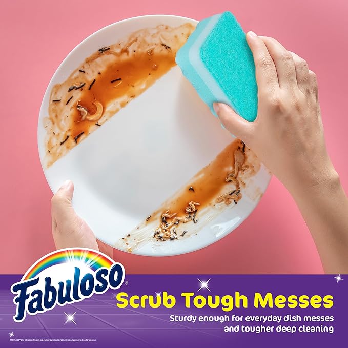 Fabuloso Scratch-Free Kitchen Dish Sponges, Rainbow Cellulose Scrubber Sponge with Scouring Pad for Dishes, Pots, Pans, Counters and Sinks, Tough on Messes, 4.25 x 2.75 x 1.25 in, 12 Count