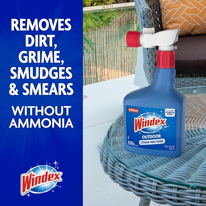 Windex Outdoor Window and Glass Cleaner for Hose Ammonia Free, Concentrated Formula for Deep Outdoor Clean, Patio Cleaner, Compatible With All Hoses, 32 Fl Oz (Pack of 2)