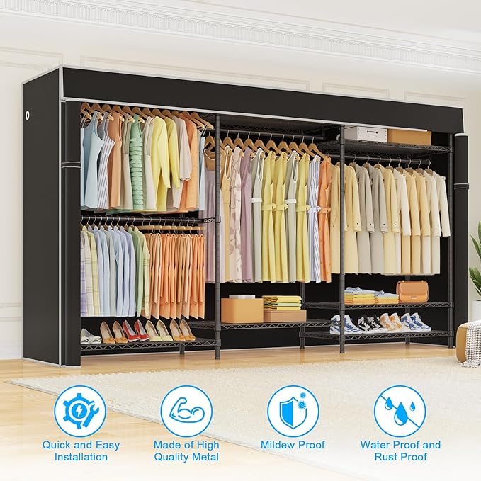 Ulif E13C Max Heavy Duty Closet Organizer System，Freestanding Clothing Racks for Hanging Clothes，Adjustable Garment Rack 86" W x16 D x77 H Hold 1100 lbs，Black Rack with Black Dustproof Cover