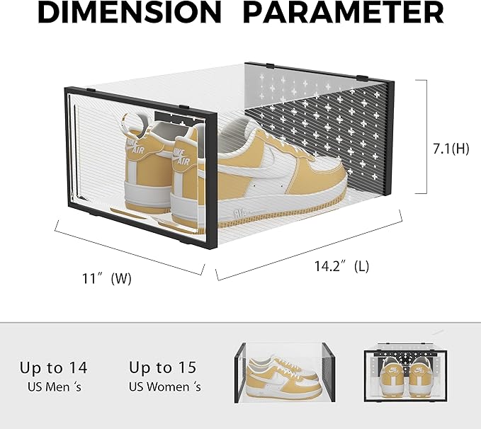 Pinkpum 12 Pack XXL Shoe Storage Box Fit for Size 14, Clear Plastic Stackable Shoe Organizer for Closet, Shoe Containers Sneaker Storage Clear and Black
