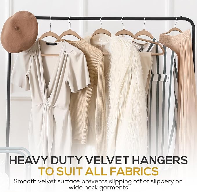 Techzoo 50 Pack New Premium Quality Velvet Hangers Ultra Thin Non Slip Adult Felt Space Saving Hangers for Closet Heavy Duty Coat Pants Dress Hangers 360° Swivel Hook Hold Upto 10 lbs Warm Taupe