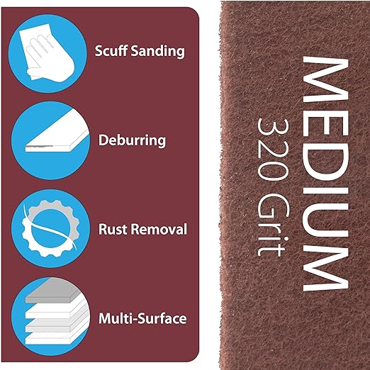 6" x 9" Non-Woven Surface Prep Between Coats Finishing Pads for Wood, Metal, Rust Removal, Deburring, Clean Metal, Medium Red Scuff Pads for Paint Prep - 320 Grit - 10 Pack (Maroon)