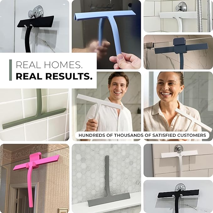 GÜTEWERK Silicone Shower Squeegee for Glass Doors & Mirrors with Stainless Steel Core, Streak-Free & No-Squeak Window Cleaning, 3-in-1 No-Drill Mount (Hook/Suction/Adhesive),Pink, 15 Inches