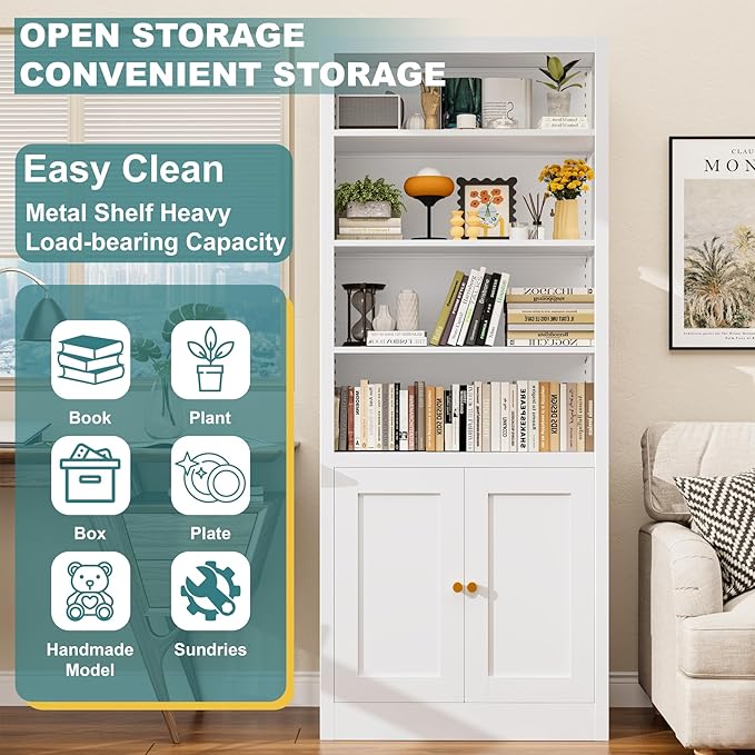 Bookcase with Doors and Adjustable Shelves, 55" Tall Metal 5-Tier Storage Cabinet, Freestanding Bookshelf for Living Room, Home Office, Bedroom, Kitchen Pantry Organizer Rack (White)