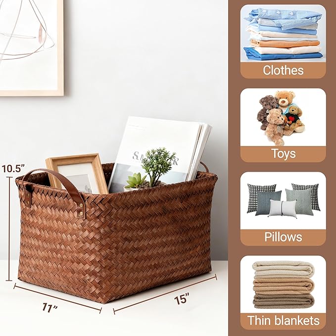 10pcs 15L Laundry Baskets Waterproof Storage Basket For Shelves Large Laundry Hamper With Leather Handle -Cube Organizer Woven Bins for Bathroom,Bedroom,Pantry,Clothes,Car Towels-Brown