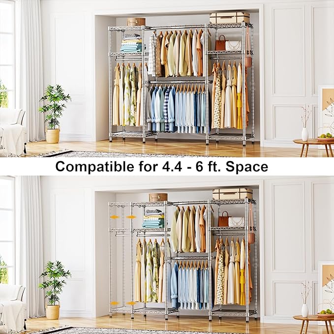 Ulif E7 Garment Rack, Heavy Duty Clothes Storage System with Extendable Hangers Rods, Metal Clothing Rack with 6 Wire Shelves, (52.3"-72") W x 14.5" D x 71.2" H, Load 838lbs, Chrome