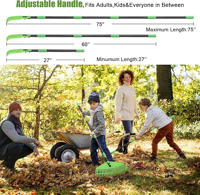 Plastic Rake for Leaves - Upgraded Anti-Break Nylon Head,75" Adjustable Leaf Rake,Gentle on Lawn,Garden,Yard,Grass,Pine Needle,Shrub,Lightweight for Women,Seniors,Kid,Gardening Camping Use