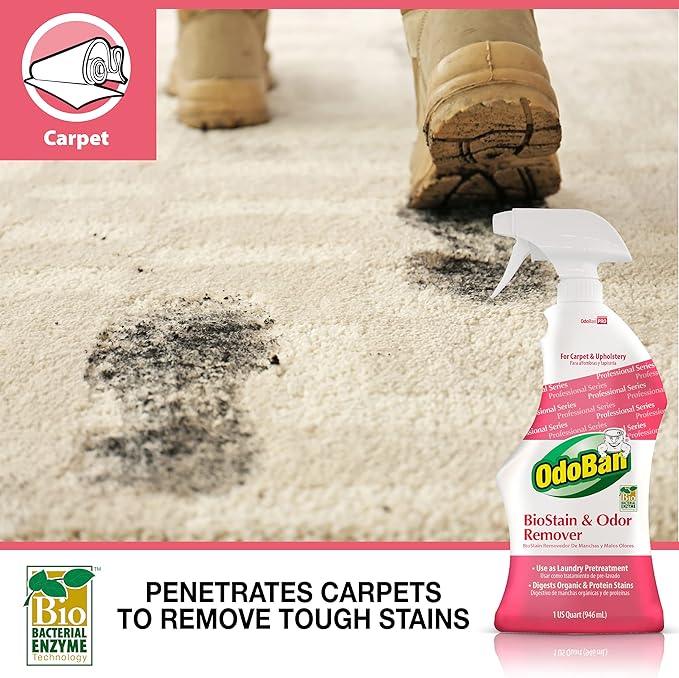 OdoBan Professional Cleaning BioStain and Odor Remover for Carpet and Upholstery, Made in the USA, 32 oz Ready-to-Use Spray 4-Pack