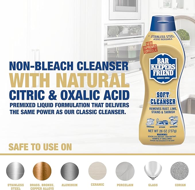 Bar Keepers Friend Soft Cleanser Liquid (2 x 26 oz) Plus Dish Fish Sponge - Multipurpose Cleaner & Rust Stain Remover for Stainless Steel, Porcelain, Ceramic Tile, Copper, Brass & More