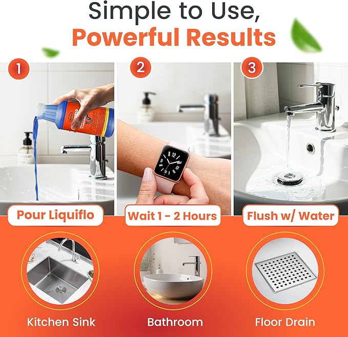 Liquiflo Hair Drain Clog Remover & Maintainer, Eliminates Odors & Biofilm, Odor-Free & Fumeless, Declogger for Hair, Grease & Organic Build up, Safe for All Piping
