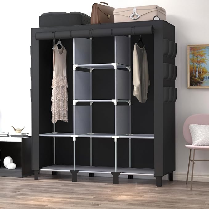Portable Wardrobe with 10 Storage Racks and 2 Hanging Poles 6 Side Pockets Fleece Cover, Size 130 x 45 x 172 cm, Bedroom Closet Organizer Black