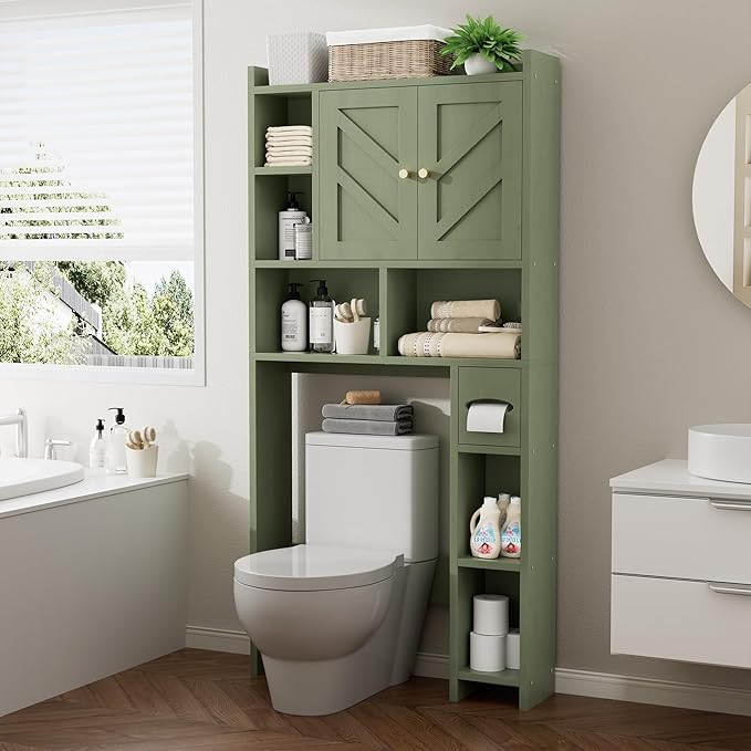 Meilocar Over the Toilet Storage Cabinet, 64.6" Tall Bathroom Storage Cabinets with Toilet Paper Holder & Adjustable Shelf, Freestanding Wood Cabinet for Bathroom, Green