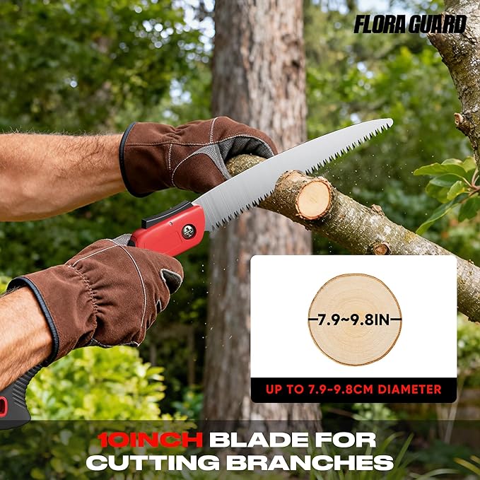 FLORA GUARD Folding Hand Saw, 10-Inch Folding Pruning Camping Heavy Duty Saw with Multi-Level Razer Teeth for Tree Trimming, Wood Cutting, Gardening Tools (Red-10")