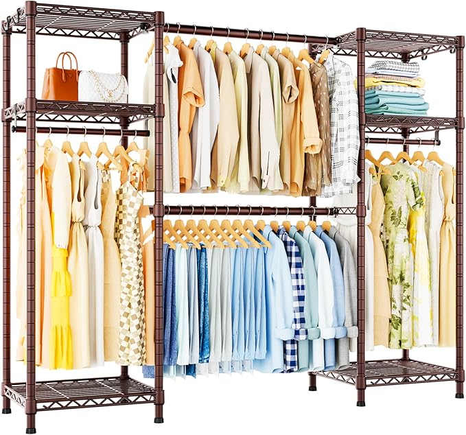 Ulif E7 Garment Rack, Heavy Duty Clothes Storage System with Extendable Hangers Rods, Metal Clothing Rack with 6 Wire Shelves, (52.3"-72") W x 14.5" D x 71.2" H, Load 838lbs, Bronze