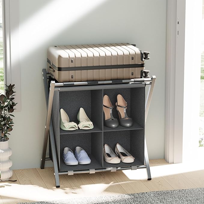aboxoo Luggage Rack with storage, Guest Room Folding Suitcase Stands, Holds up to 120 lb, Space Saving Suitcase Holders for guest room, Bedroom Hotel, Grey