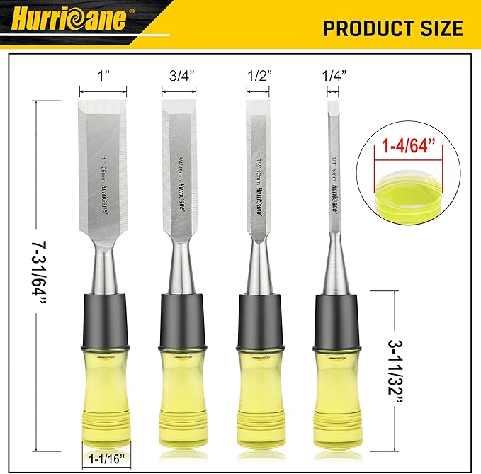 HURRICANE 4 Piece Wood Chisel Set for Woodworking. CR-V Steel Beveled Edge Blades with Safety Caps. Durable PVC High Impact Handle, for Precision Carving & DIY Projects (1/4", 1/2", 3/4", 1")