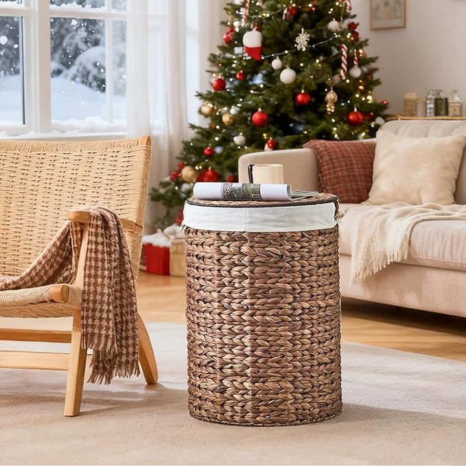 Round Water Hyacinth Laundry Hamper with Lid Handwoven Wicker Basket with Handles for Dirty Clothes, Storage, and Organization Ideal for Bedroom, Bathroom, and Laundry Room, No Assembly Required, 90L