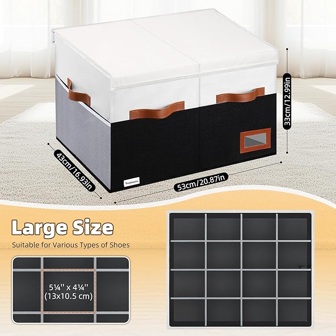 Supowin Shoe Organizer for Closet, Foldable Shoe Storage Bins with Lid & Adjustable Dividers, Fabric Shoe Box Storage Containers with Four Reinforced Handles, Fits 16 Pairs, 1 Pack, Black & White