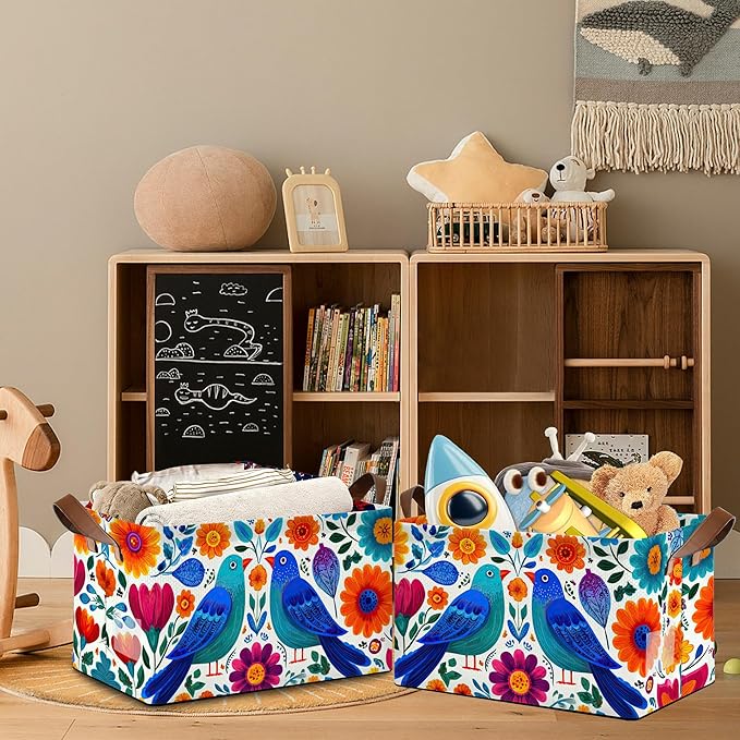 Colorful Bird Flowers Collapsible Storage Box,Mexican Style Organizer Bin with Handles for Room Decoration,Bins Book Basket Box 17x11.5x10Inch