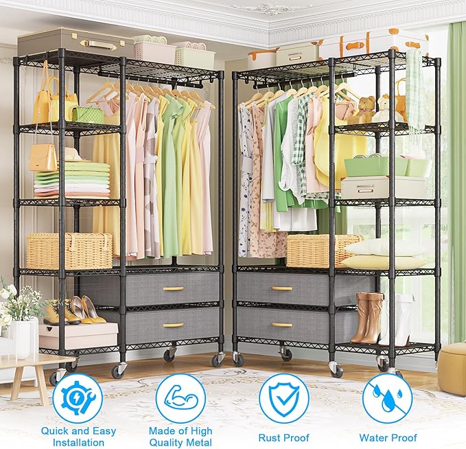 Ulif F3R Heavy Duty Clothes Rack（With Lockable Wheels）Freestanding Clothing Racks for Hanging Clothes，Adjustable Closet Organizer System，Portable Garment Rack 40"W x 15"D x 74"H，Max Load 700LBS，Black
