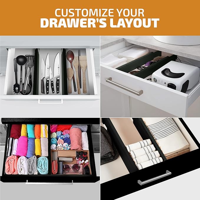 4-Pack Bamboo Drawer Dividers - 2.6" High, 12.5"-17" Adjustable Drawer Organizers for Clothes, Expandable Dresser Separators in Bedroom/Bathroom/Kitchen/Office Organization and Storage (Black)