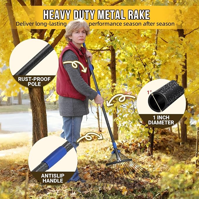 Adjustable Leaf Rake, Heavy Duty Metal Rake for Leaves, Long Handle 30"-60" with Expandable Head 8"-17", Collapsible Small Rakes for Lawns, Gardening, Yard, Camping, Shrub, Grass, Bush, Weed, Debris