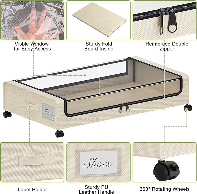 Tututry Under Bed Storage with Wheels, XXL 60L Under the Bed Storage Bins, Underbed Storage Containers with Lids & Label, Rolling Metal Drawer for Shoes, Clothes, Books, Toys (2-Pack Beige)