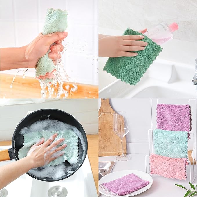 Reusable Microfiber Kitchen Cleaning Cloths – Super Absorbent, Quick-Drying Dish Towels for Kitchen Car Furniture Bowl Tea. 10.6" x 6.3" Coral Velvet Dishcloths Lint-Free Machine Washable 24 Pack Rags