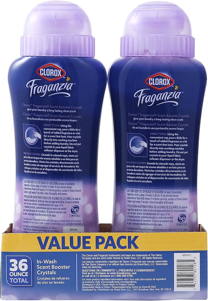 Clorox Fraganzia Laundry Scent Booster Crystals, In-Wash Fragrance Beads for Fresh-Smelling Clothes & Linens, Safe for All Fabrics & Colors, Lavender with Eucalyptus, 18 Oz, 2 Pack