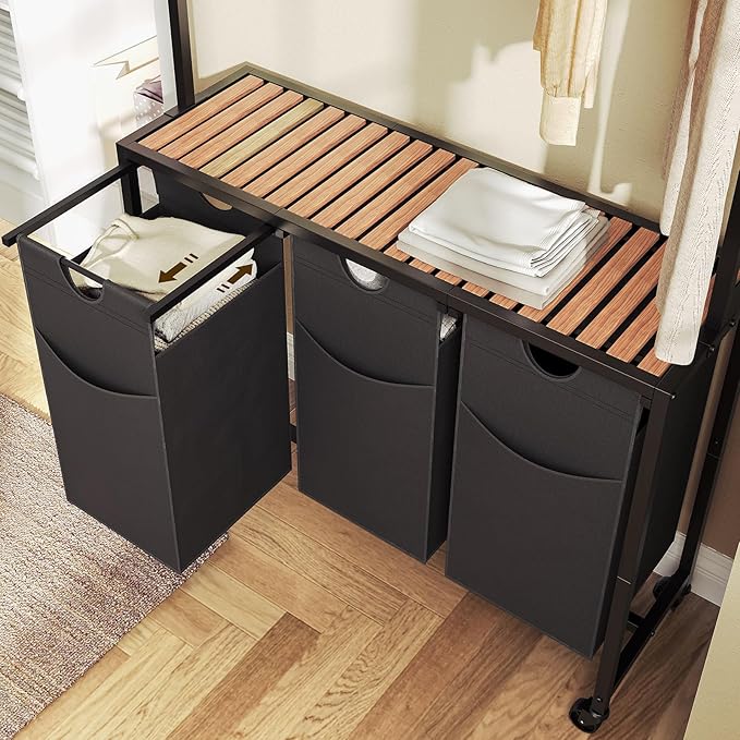 YATINEY Laundry Sorter 3 Section, Rolling Laundry Hamper with Hanging Rack, Laundry Sorter with Wheels, Hampers for Laundry, Laundry Basket Organizer for Laundry Room, Rustic Brown LS37BR