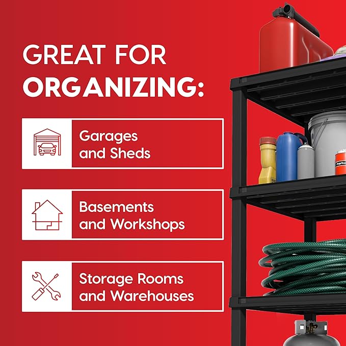 IRIS USA 4-Shelf Extra Heavy Duty Deep Plastic Storage Shelves, 800lb Capacity, 57" H x 36" W x 24" D, Large Modular Shelving Unit Storage Organizer for Garage, Home, Warehouse & Gym, Rack - Black