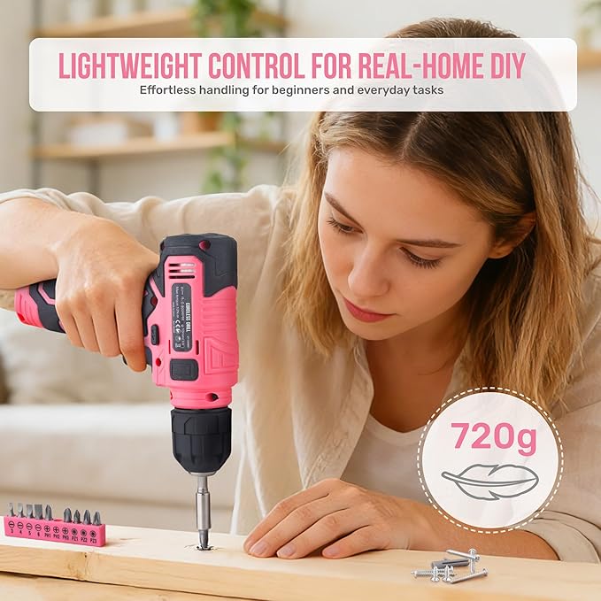 Hi-Spec 8V Cordless Drill Set & Tool Kit for Women – Ladies Complete Rechargeable Electric Power Drill Driver with Starter Tools, Compact Hand Toolbox, Pink, Ideal for Home Projects