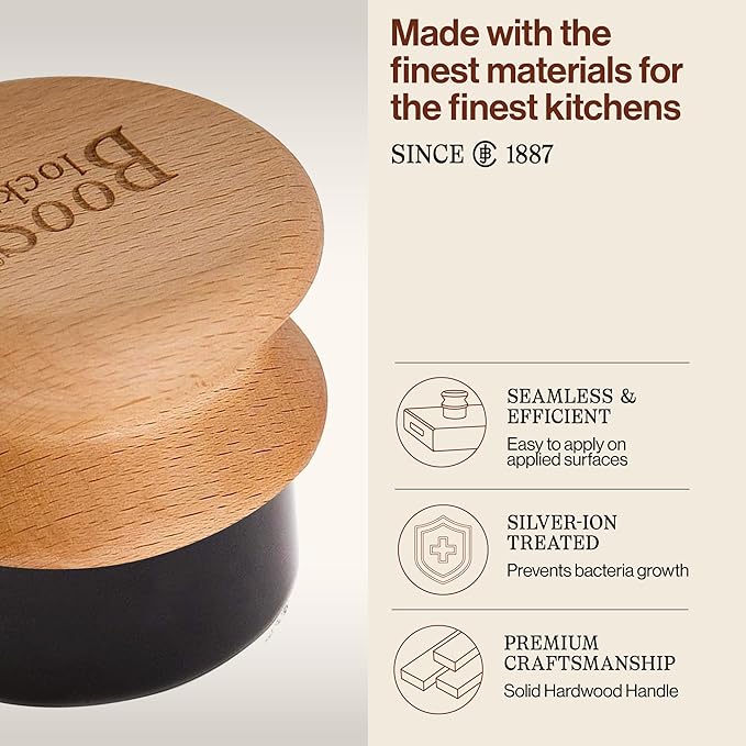 John Boos Oil & Cream Round Applicator for Wood Cutting Boards, Butcher Blocks & Utensils, Beechwood - Solid Hardwood Handle, Silver Ion-Treated Sponge, Storage Cap, Easy and Even Application