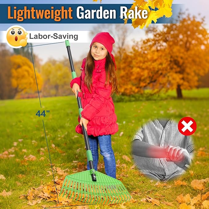 Garden Leaf Rake, 44" Long Handle Prevents Bending, 16.5" Flexible Head, Lightweight & Gentle on Grass, Ideal for Leaf Collection Around Bushes, Flowers and Lawns