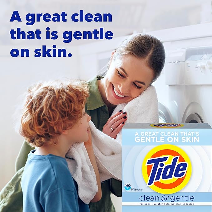 Tide Clean and Gentle Powder Laundry Detergent, Unscented, 68 Loads, 77 oz