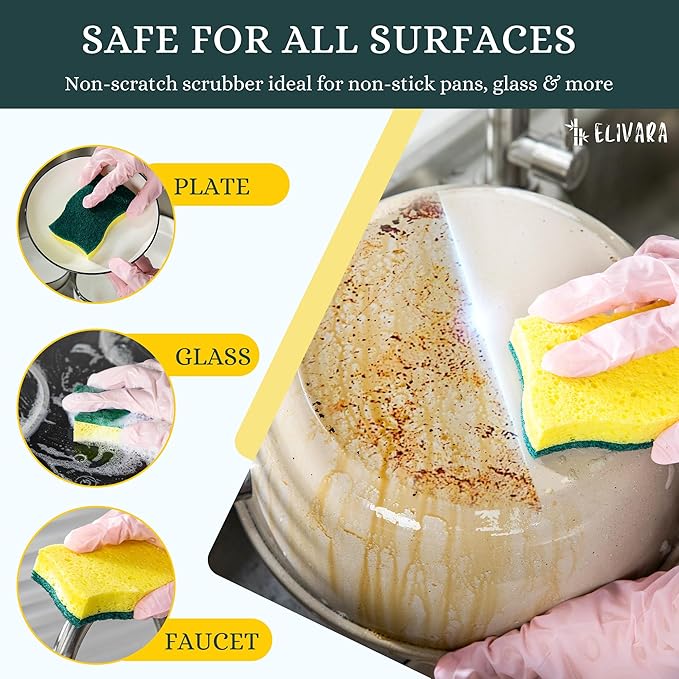 Kitchen Sponges – 12 Pack – Non-Scratch Dual-Sided Cellulose Scrub Sponges for Dishes, Pots, and Pans – Durable, Absorbent, and Reusable (Green/Yellow)