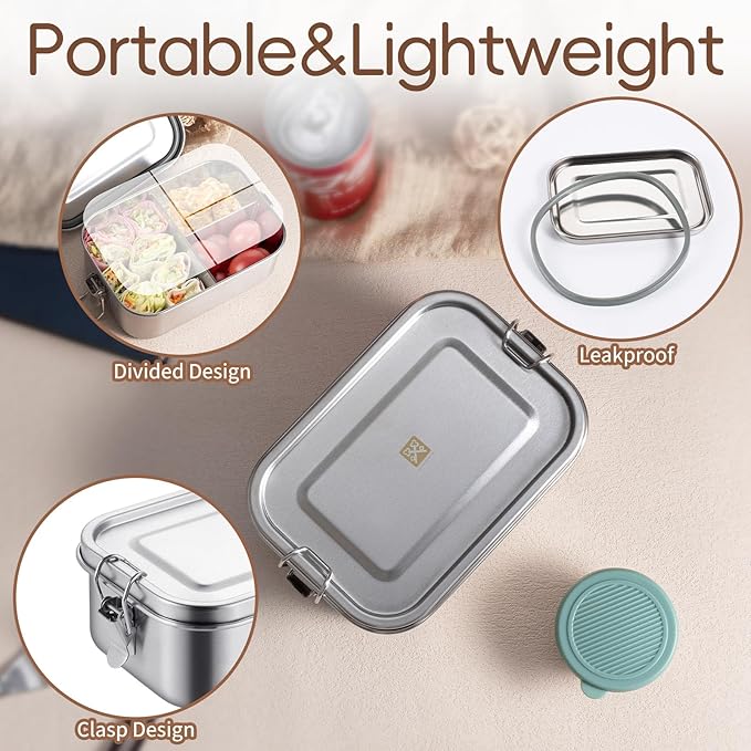 GOLDEN KEY Stainless Steel Bento Box for Kids - 27oz/0.8L, BPA Free Leakproof Lunch Box with 3 Compartments, for School & Eating Out, Freezer & Dishwasher Safe(Green)